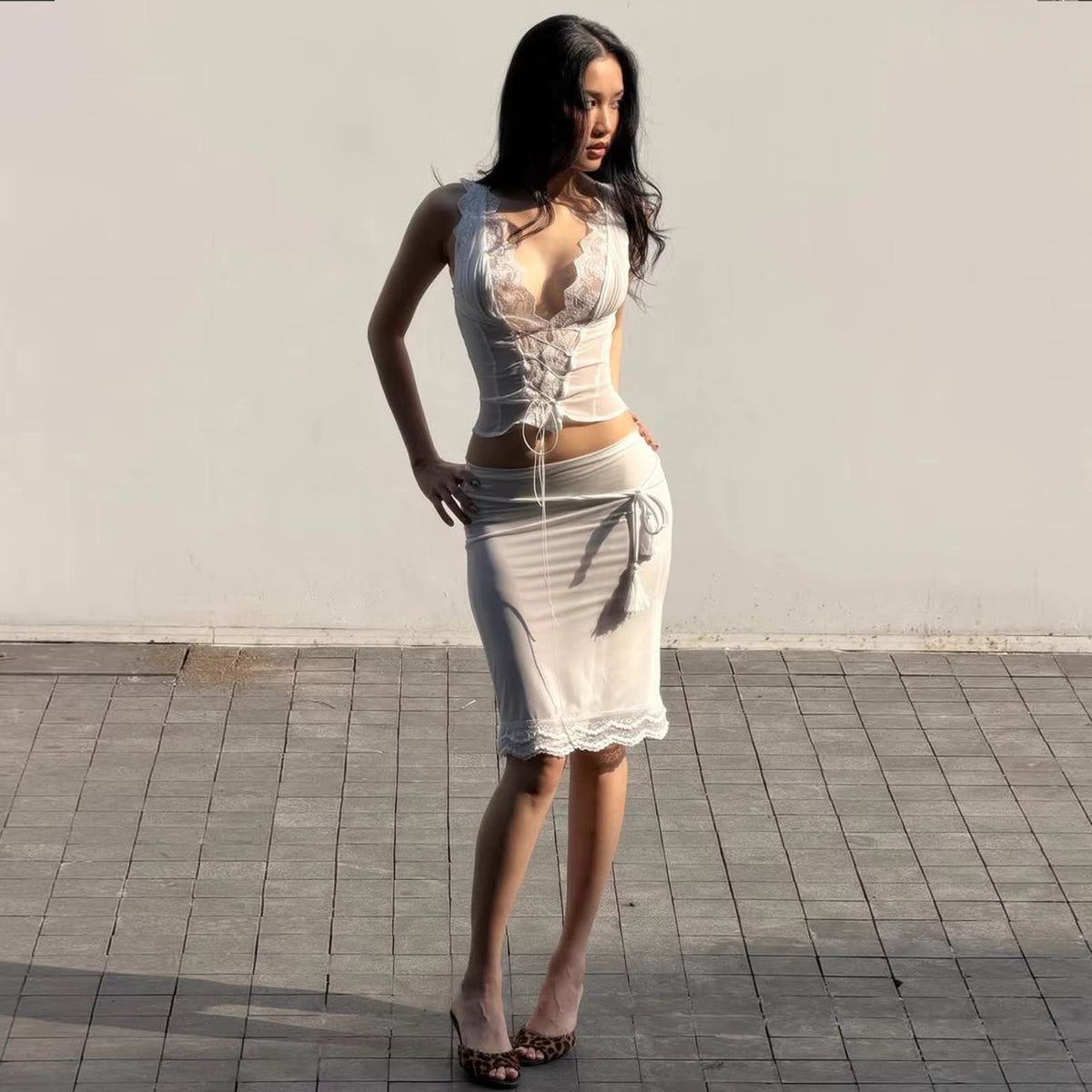 OLANE Lace Trim Tie Back Skirt Set White Set (Top+Skirt)SSkirt