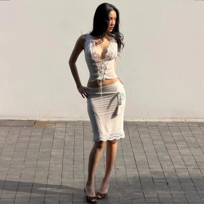 OLANE Lace Trim Tie Back Skirt Set White Set (Top+Skirt)SSkirt