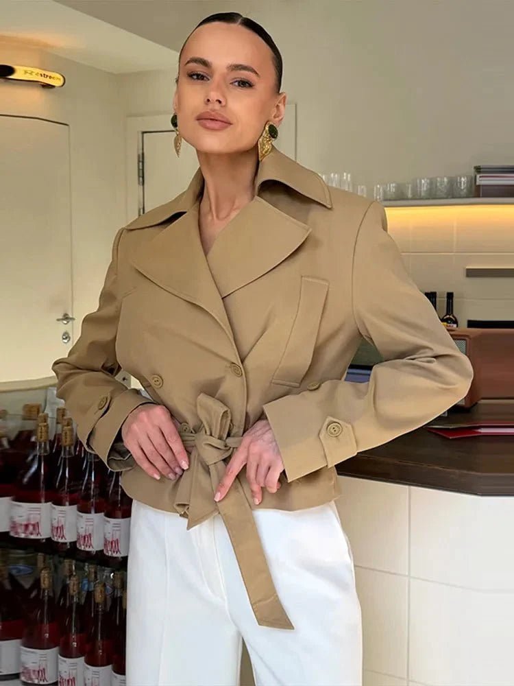 OLANE Lace-Up Lapel Cropped Trench Coat MWomen's Coats & Jackets