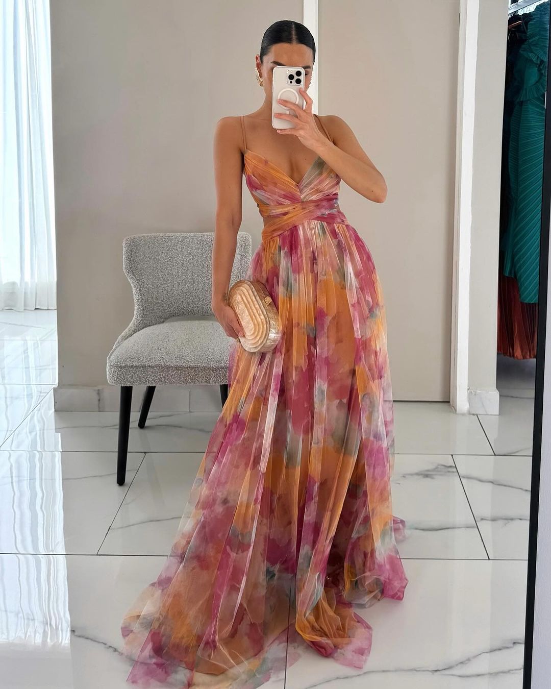 OLANE Emily Floral Tulle Maxi Dress OrangeSWomen's Dresses