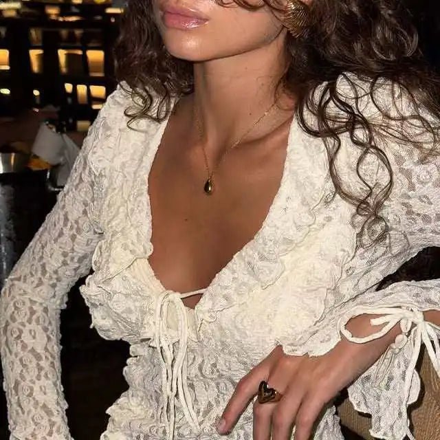 OLANE Layered Lace Collar V-Neck Top WhiteMWomen’s Tops