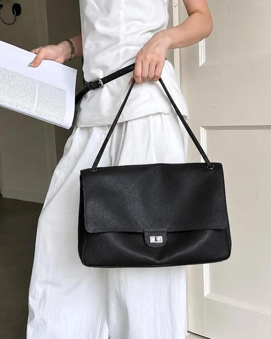 OLANE Leather Flap Maxi Shoulder Bag Black32x9x22 cmWomen's Handbags