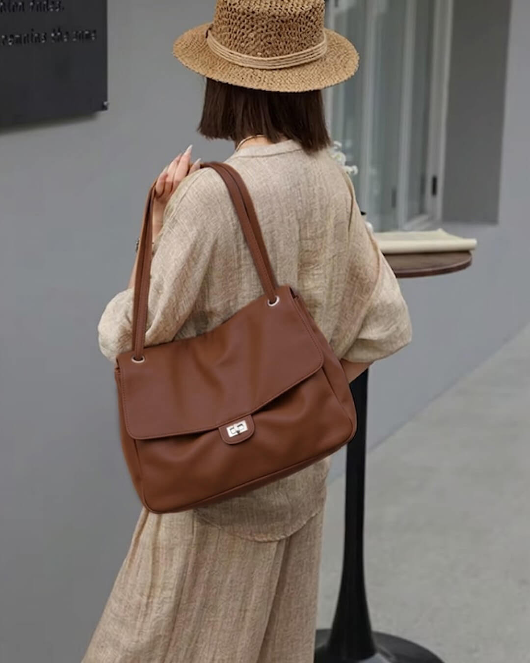 OLANE Leather Flap Maxi Shoulder Bag Light Brown32x9x22 cmWomen's Handbags