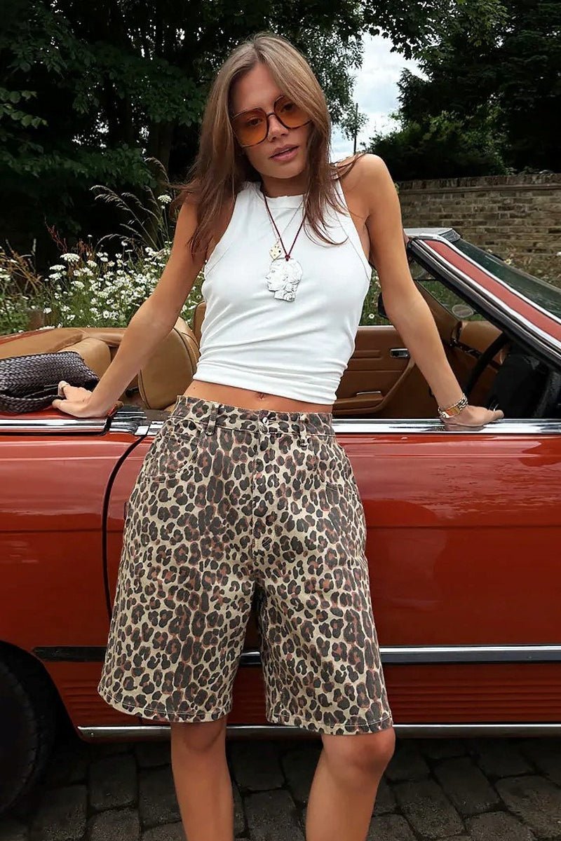 OLANE Leopard Knee-Length Low Waist Shorts SWomen's Bottoms