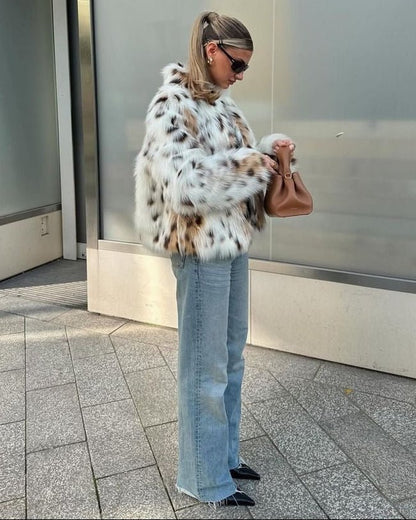 OLANE Leopard Open-Front Faux Fur Coat White LeopardLWomen's Coats & Jackets