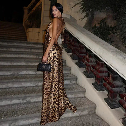 OLANE Leopard Print Halter Backless Maxi Dress LeopardXSWomen's Dresses