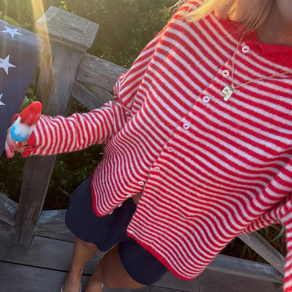 OLANE Lightweight Button - Down Striped Cardigan RedMWomen's Sweaters & Cardigans