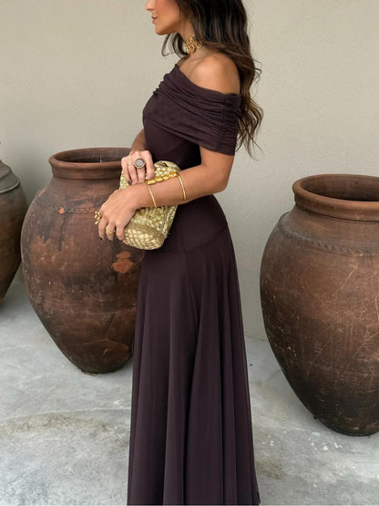 OLANE Lightweight Chiffon Off Shoulder Maxi Dress LWomen’s Dresses