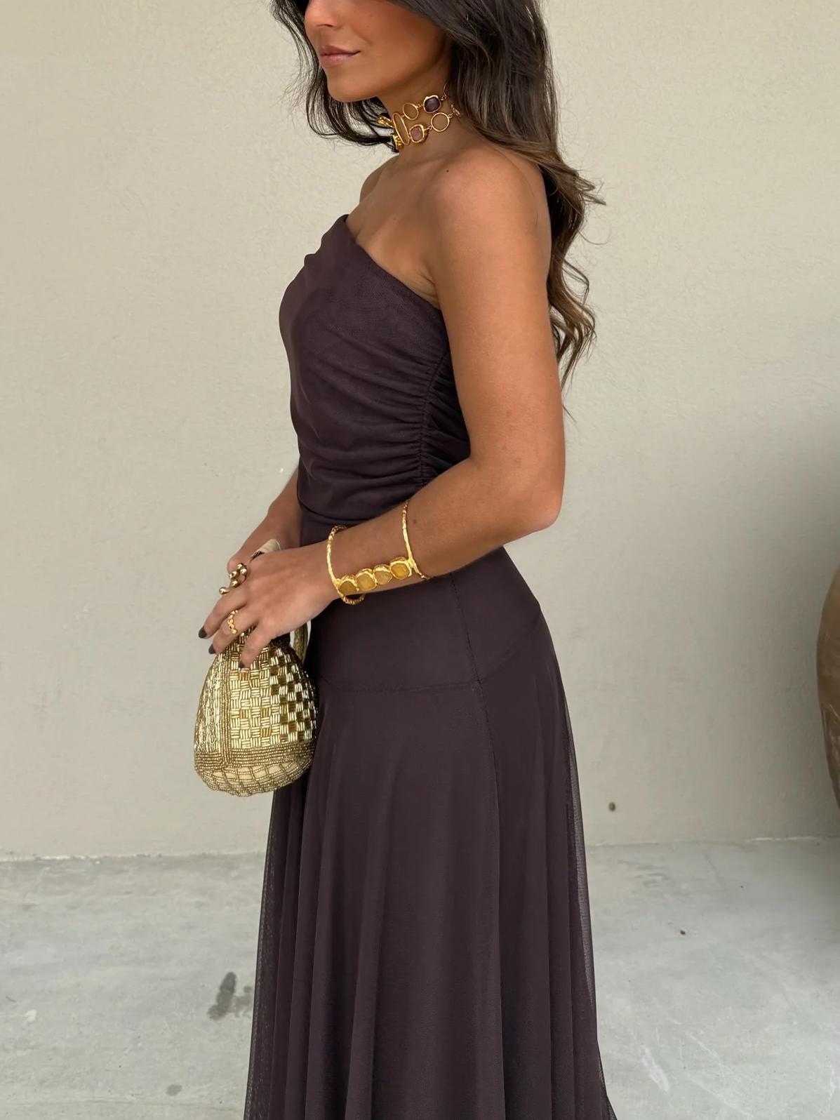 OLANE Lightweight Chiffon Off Shoulder Maxi Dress MWomen’s Dresses