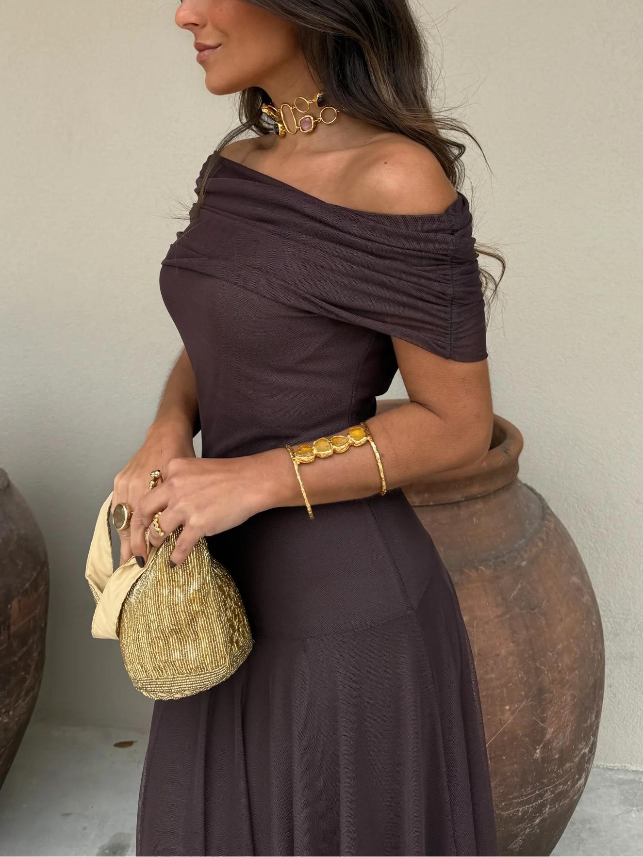 OLANE Lightweight Chiffon Off Shoulder Maxi Dress SWomen’s Dresses
