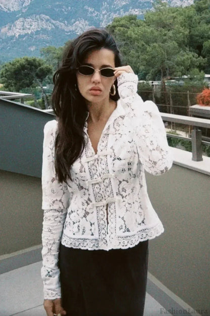 OLANE Long Sleeve Elegant Lace Blouse WhiteMWomen’s Tops
