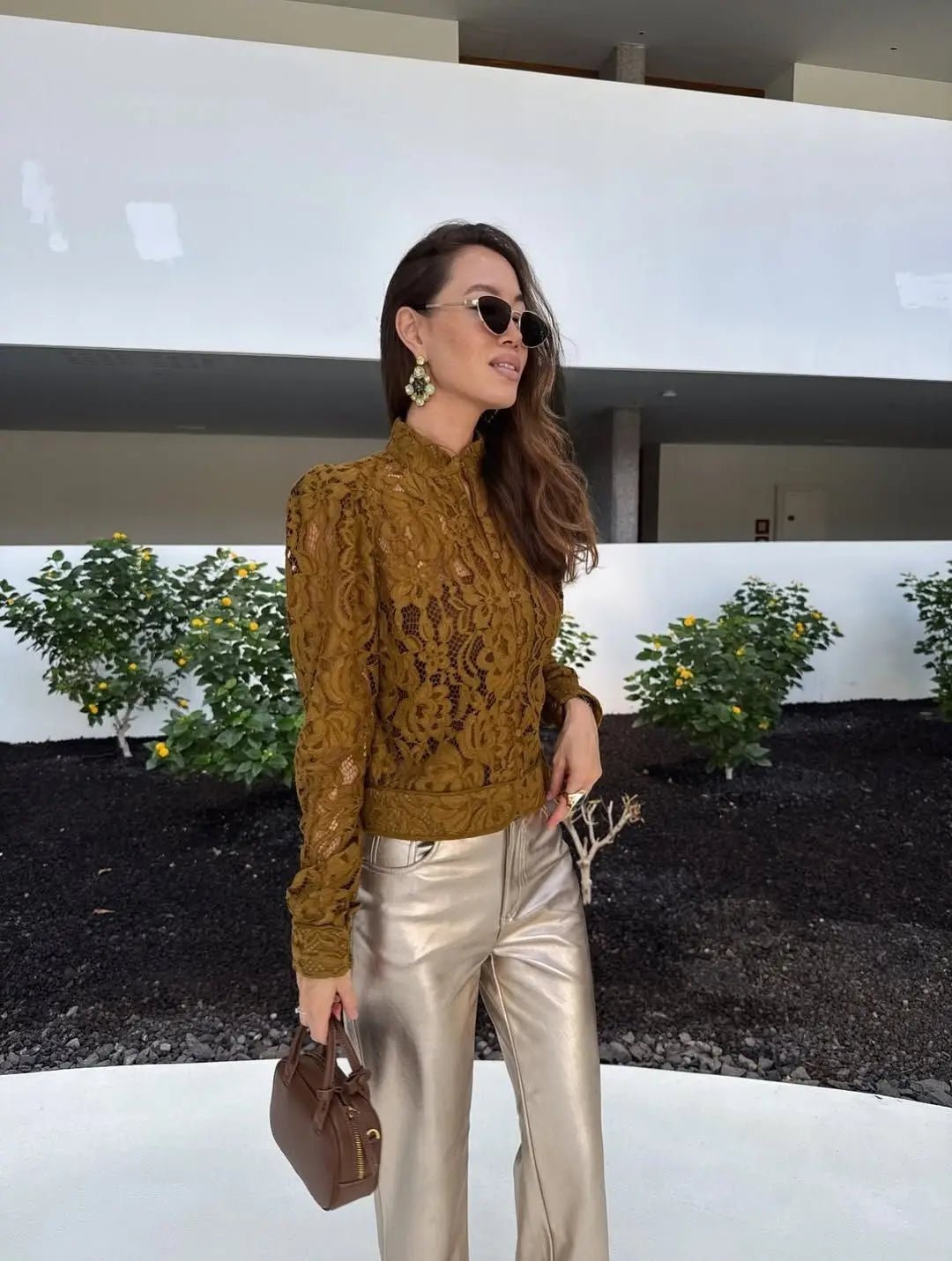 OLANE Long Sleeve Lace See-Through Blouse SWomen’s Tops