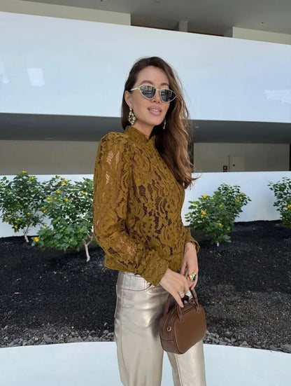 OLANE Long Sleeve Lace See-Through Blouse SWomen’s Tops