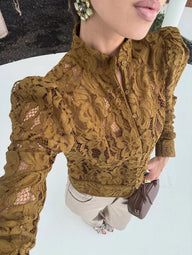 Long Sleeve Lace See-Through Blouse