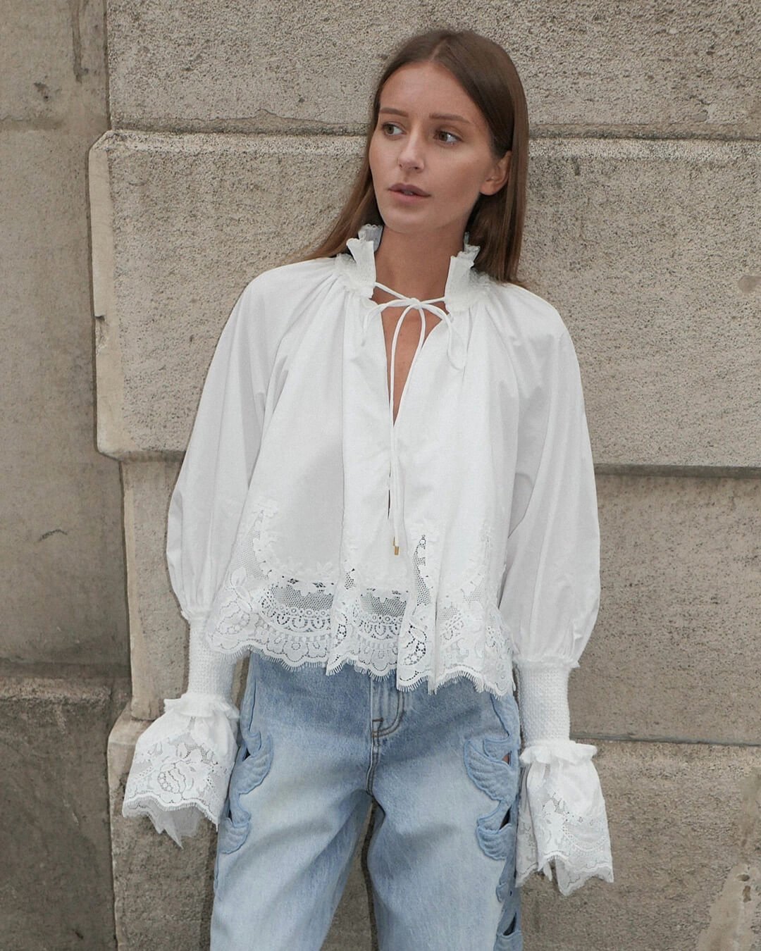 OLANE Long Sleeve Lace Trim Embroidered Blouse LWomen’s Tops
