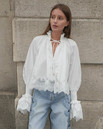 OLANE Long Sleeve Lace Trim Embroidered Blouse LWomen’s Tops
