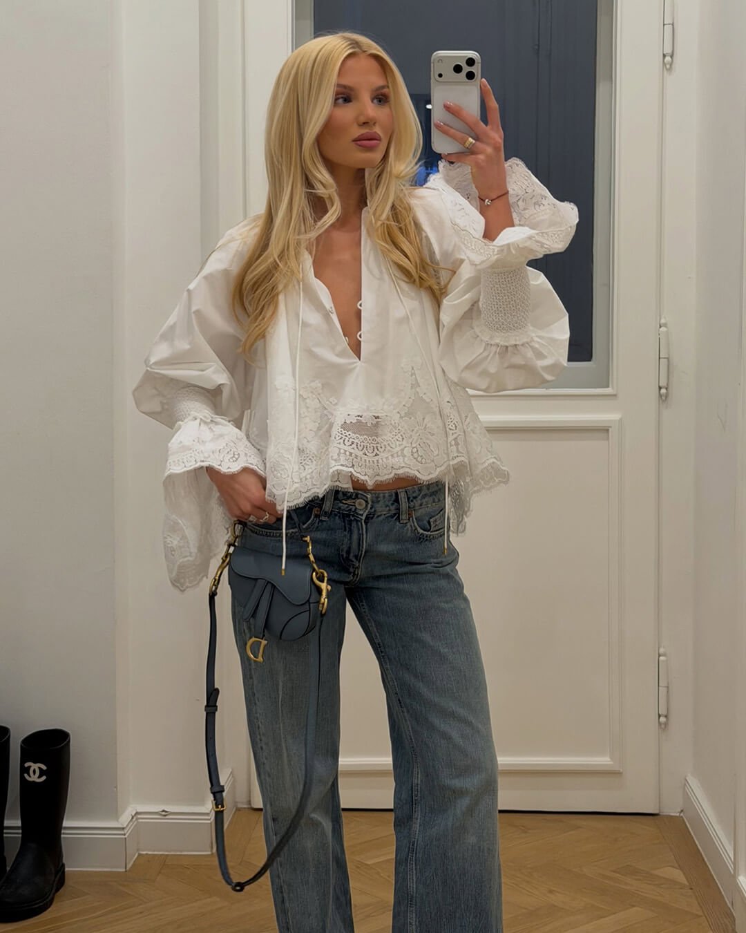 OLANE Long Sleeve Lace Trim Embroidered Blouse SWomen’s Tops