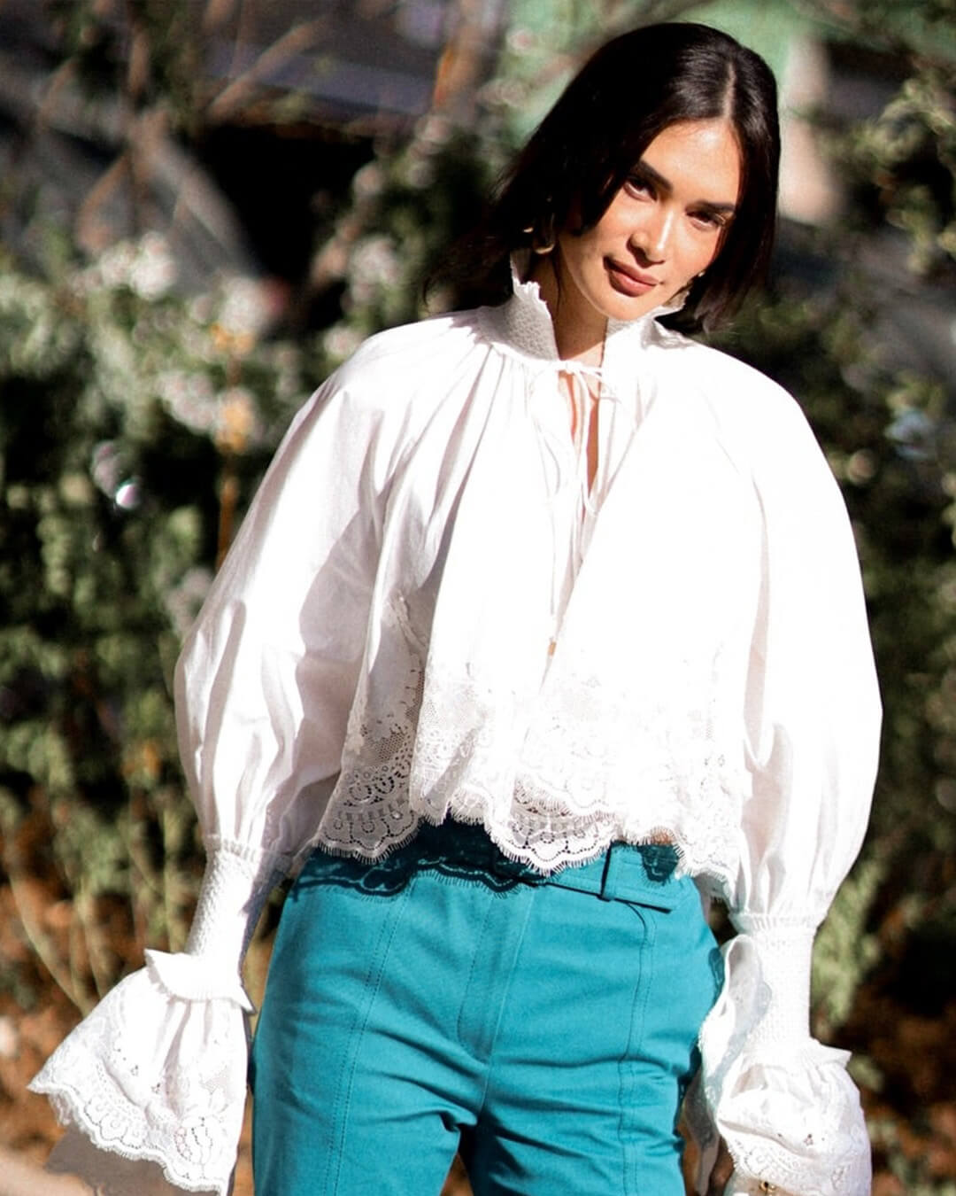 OLANE Long Sleeve Lace Trim Embroidered Blouse SWomen’s Tops