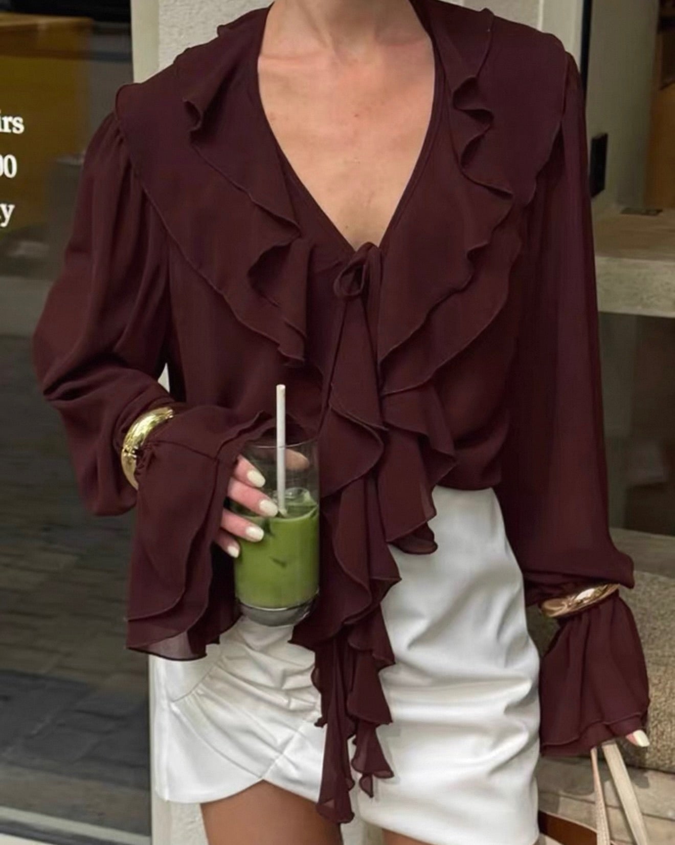 OLANE Long Sleeve Tie Neck Ruffled Blouse BurgundySWomen’s Tops