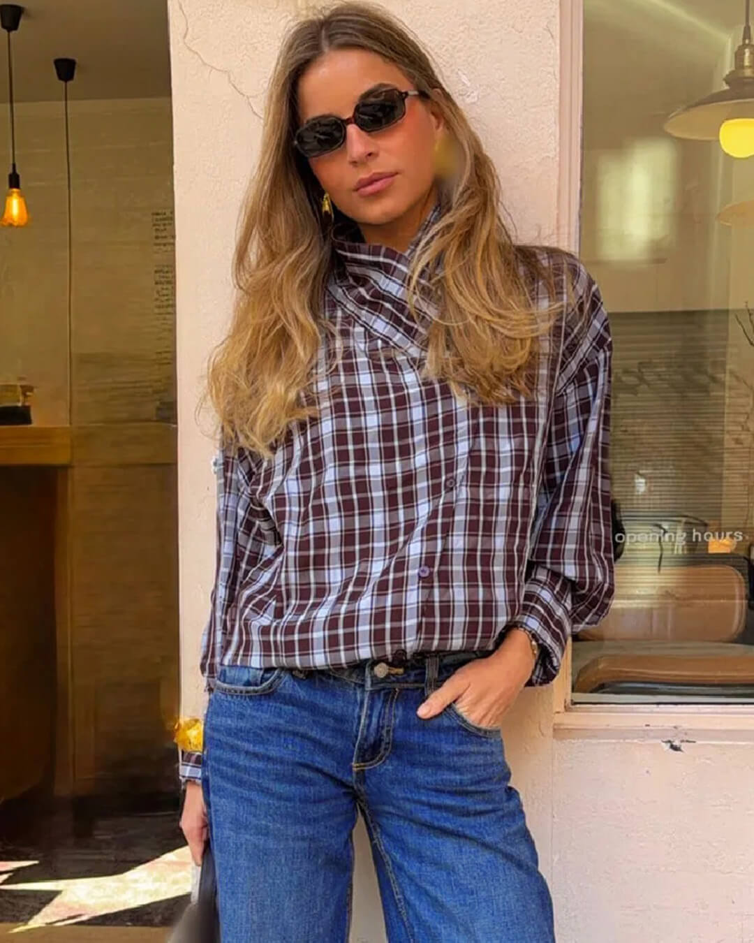 OLANE Long Sleeves Poplin Plaid Wrapped Top LWomen’s Tops
