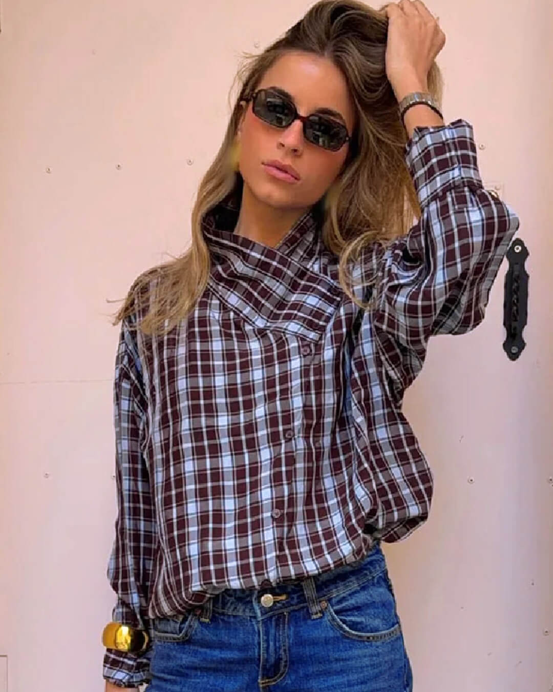 OLANE Long Sleeves Poplin Plaid Wrapped Top LWomen’s Tops