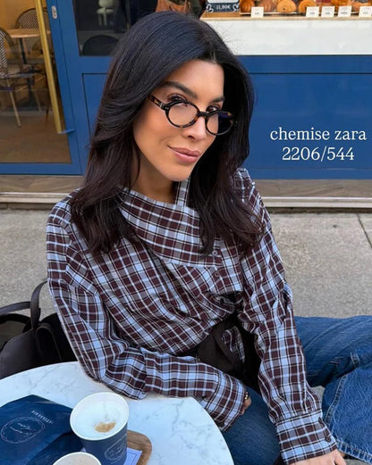 OLANE Long Sleeves Poplin Plaid Wrapped Top SWomen’s Tops