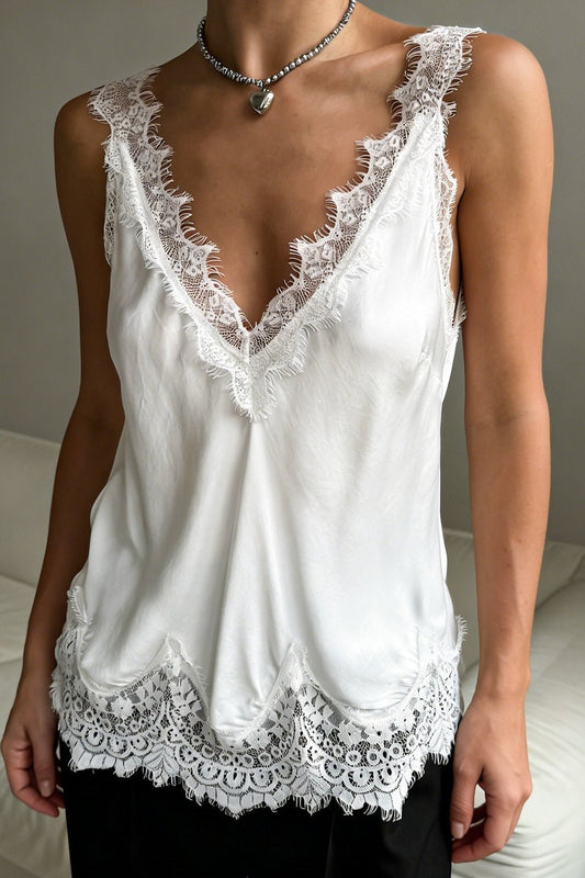 OLANE Loose Fit V - Neck Lace Trim Tank WhiteSWomen's Tops