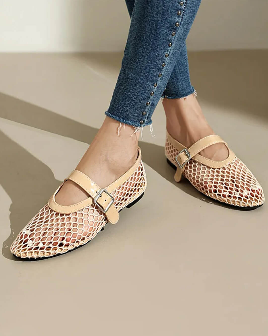 OLANE Luella Buckled Mesh Ballet Flats Beige35Shoes