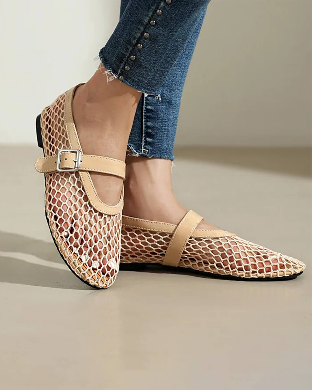 OLANE Luella Buckled Mesh Ballet Flats Beige35Shoes