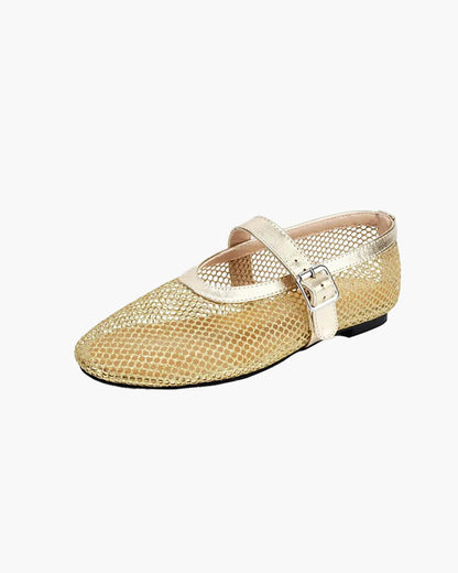 OLANE Luella Buckled Mesh Ballet Flats Gold35Shoes