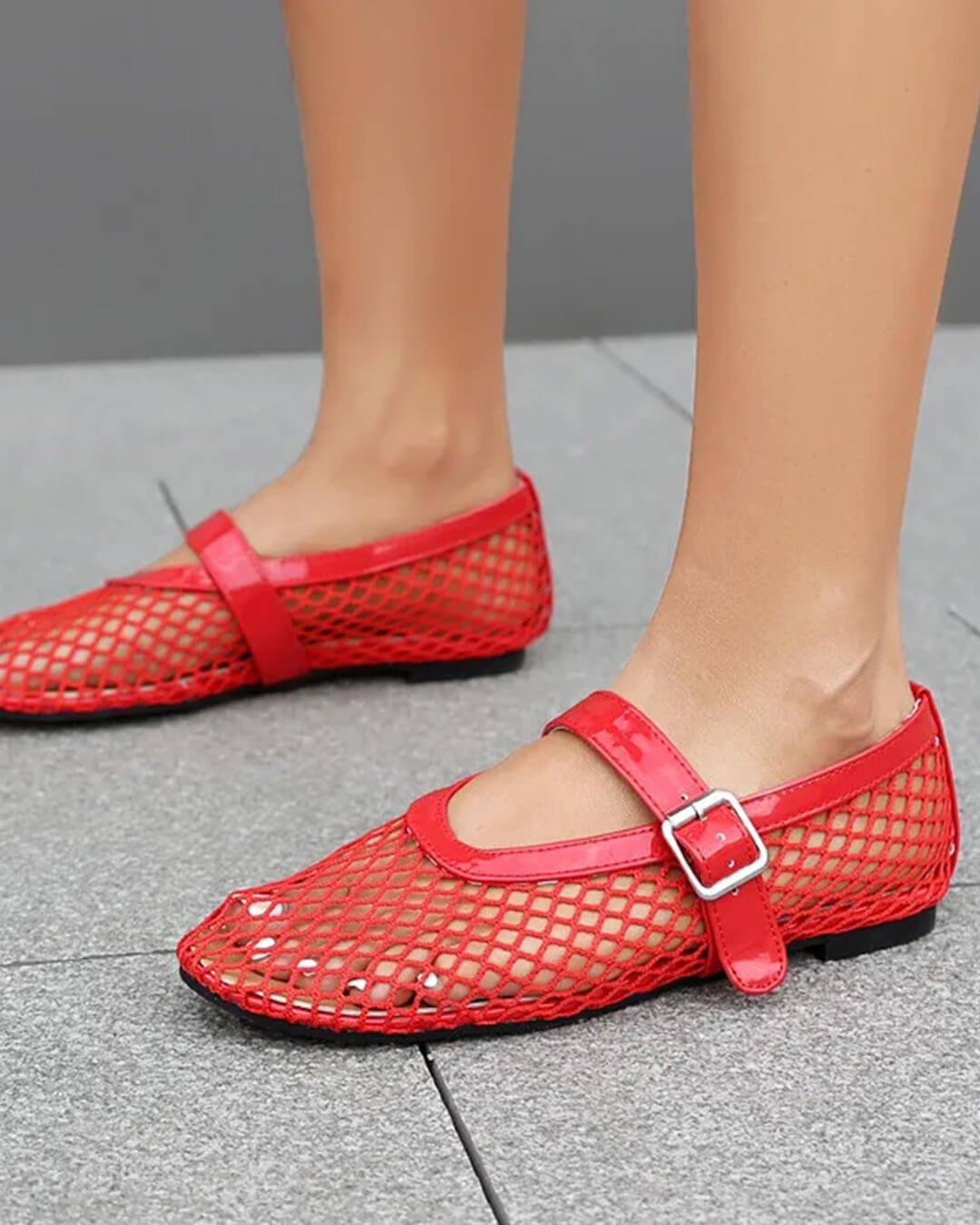 OLANE Luella Buckled Mesh Ballet Flats Red35Shoes