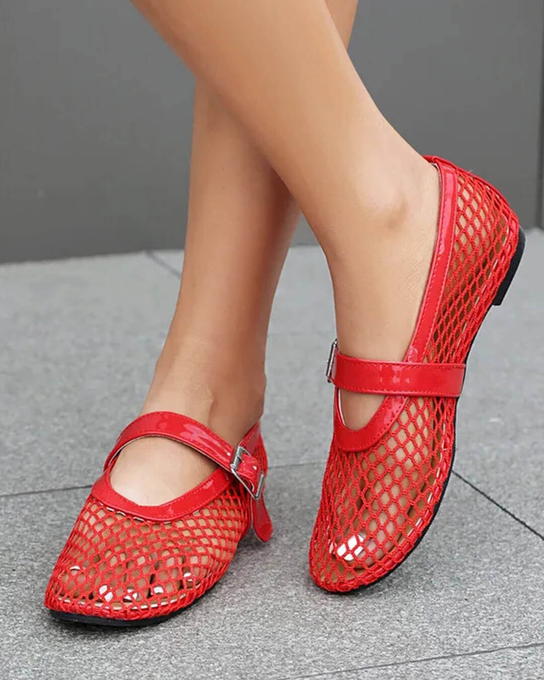 OLANE Luella Buckled Mesh Ballet Flats Red35Shoes