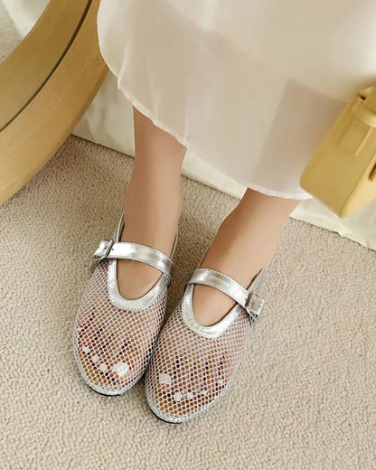 OLANE Luella Buckled Mesh Ballet Flats Silver35Shoes