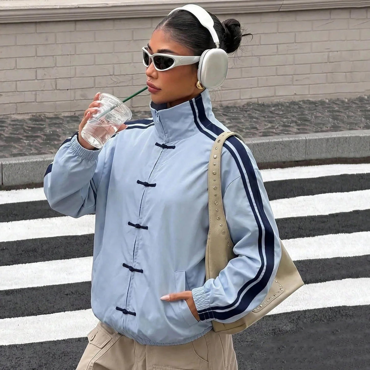 OLANE Mandarin Striped Oversized Jacket BlueSWomen's Coats & Jackets