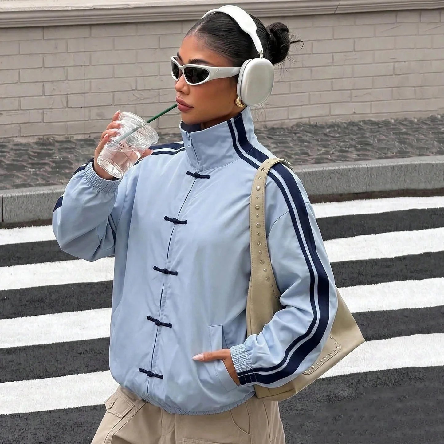 OLANE Mandarin Striped Oversized Jacket BlueSWomen's Coats & Jackets