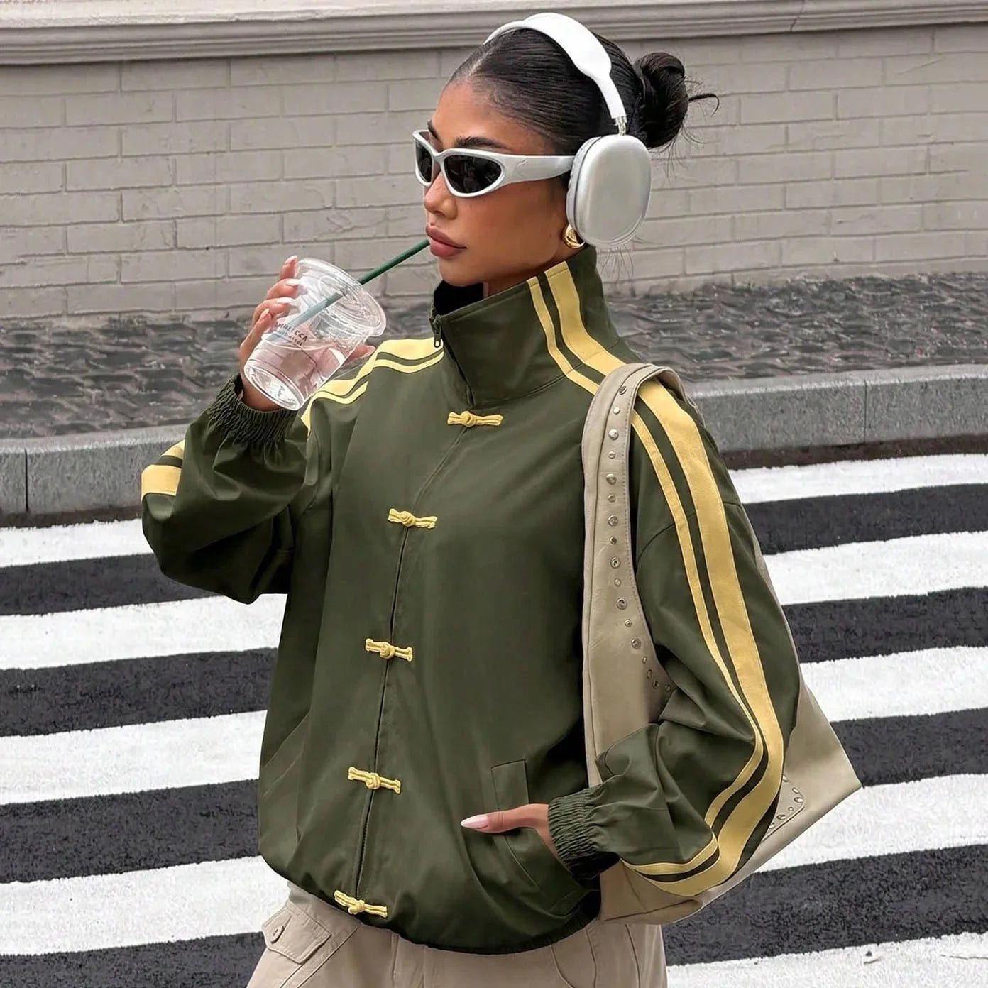 OLANE Mandarin Striped Oversized Jacket GreenMWomen's Coats & Jackets