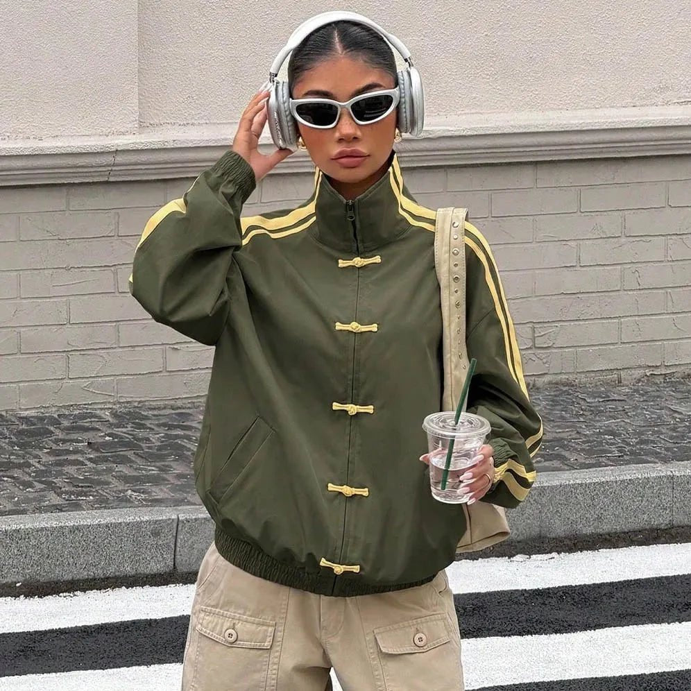 OLANE Mandarin Striped Oversized Jacket GreenMWomen's Coats & Jackets