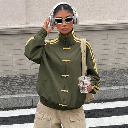 OLANE Mandarin Striped Oversized Jacket GreenMWomen's Coats & Jackets