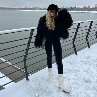 OLANE Mongolian Fuzzy Faux Fur Coat BeigeXSWomen's Coats & Jackets