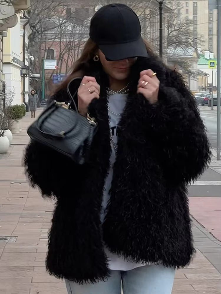 OLANE Mongolian Fuzzy Faux Fur Coat BlackXSWomen's Coats & Jackets