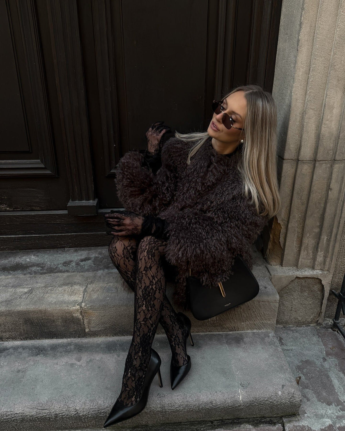 OLANE Mongolian Fuzzy Faux Fur Coat BlackXSWomen's Coats & Jackets