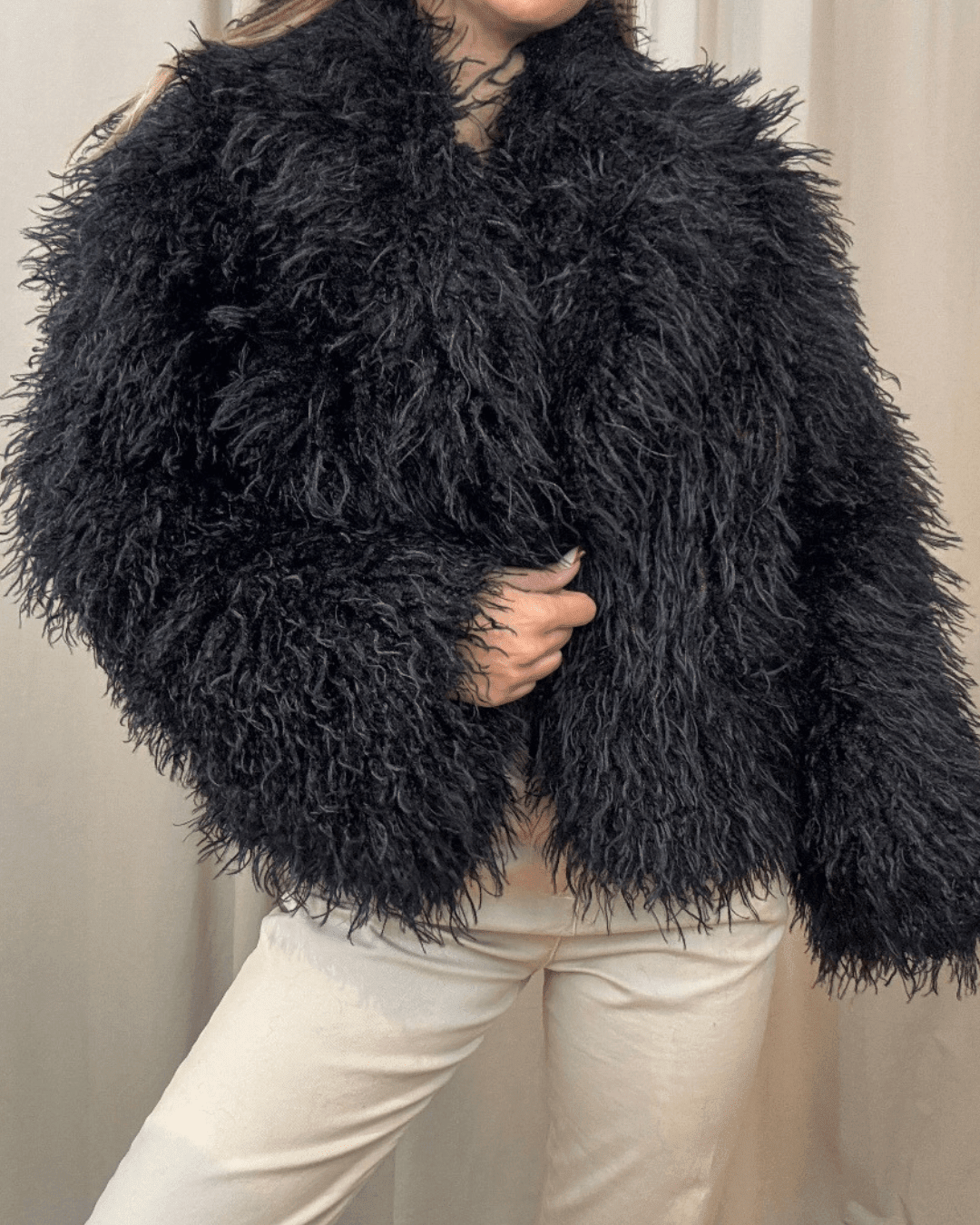 OLANE Mongolian Fuzzy Faux Fur Coat BlackXSWomen's Coats & Jackets