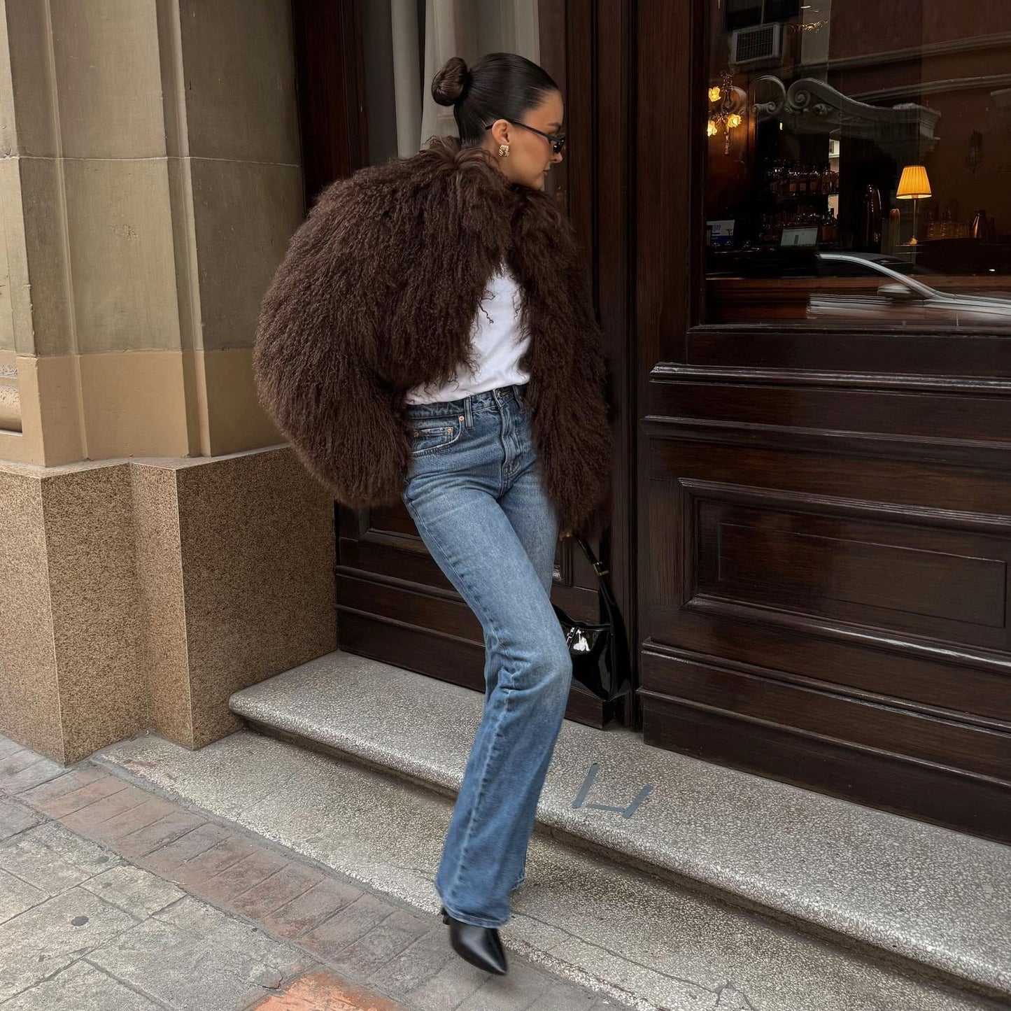 OLANE Mongolian Fuzzy Faux Fur Coat BlackXSWomen's Coats & Jackets