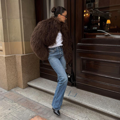 OLANE Mongolian Fuzzy Faux Fur Coat BlackXSWomen's Coats & Jackets