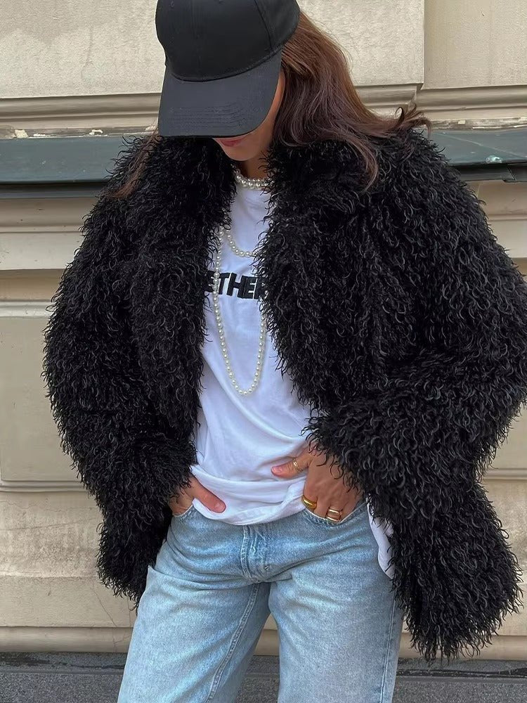 OLANE Mongolian Fuzzy Faux Fur Coat BlackXSWomen's Coats & Jackets