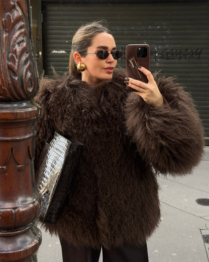 OLANE Mongolian Fuzzy Faux Fur Coat BrownXSWomen's Coats & Jackets
