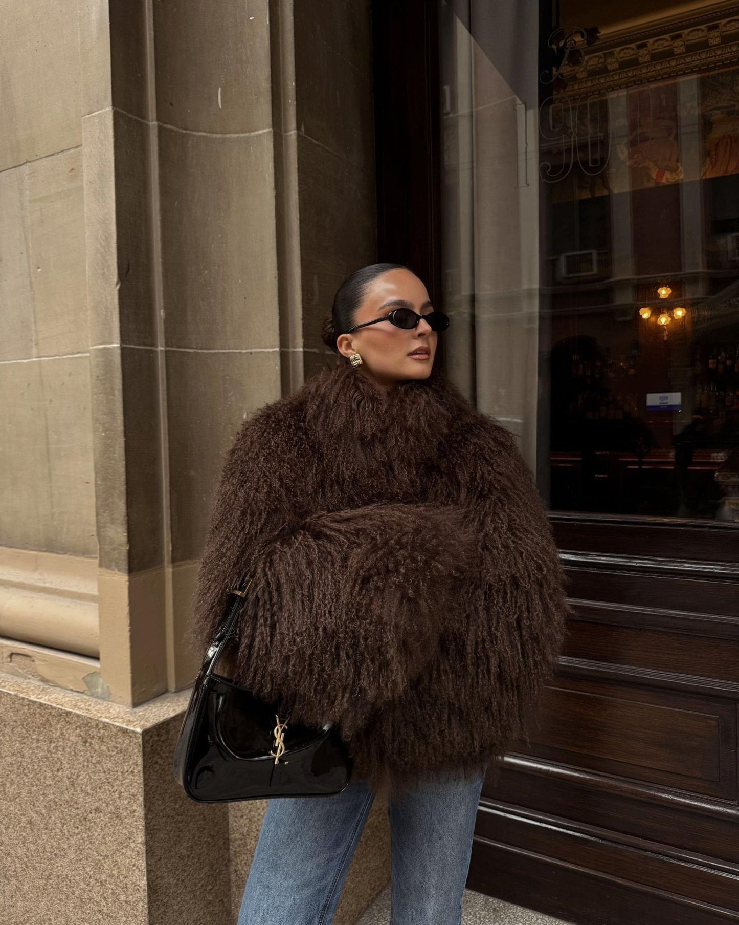 OLANE Mongolian Fuzzy Faux Fur Coat BrownXSWomen's Coats & Jackets