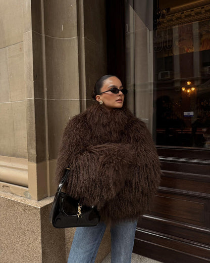 OLANE Mongolian Fuzzy Faux Fur Coat BrownXSWomen's Coats & Jackets
