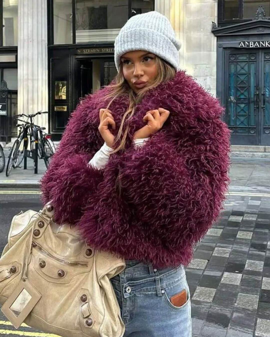 OLANE Mongolian Fuzzy Faux Fur Coat BurgundyXSWomen's Coats & Jackets