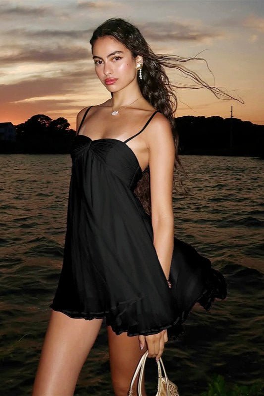 OLANE Off Shoulder Chiffon Mini Dress BlackMWomen's Dresses